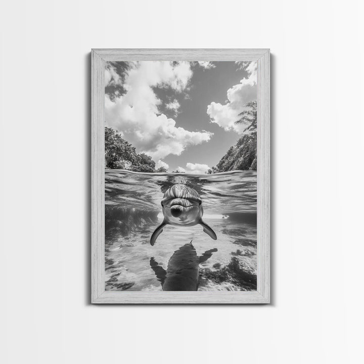 Dolphin Play, Ocean Joy, Underwater View, Canvas Print, Nautical Wall Art, Coastal Bathroom Decor, Playful Beach House Style