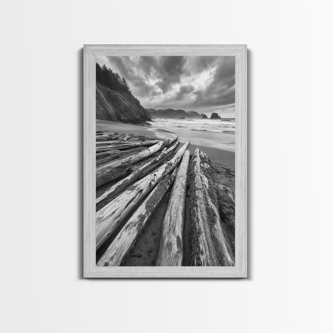 Driftwood Beach, Coastal Logs, Wild Shore, Canvas Print, Rustic Ocean Wall Art, Cabin Bathroom Decor, Nature Inspired Photography