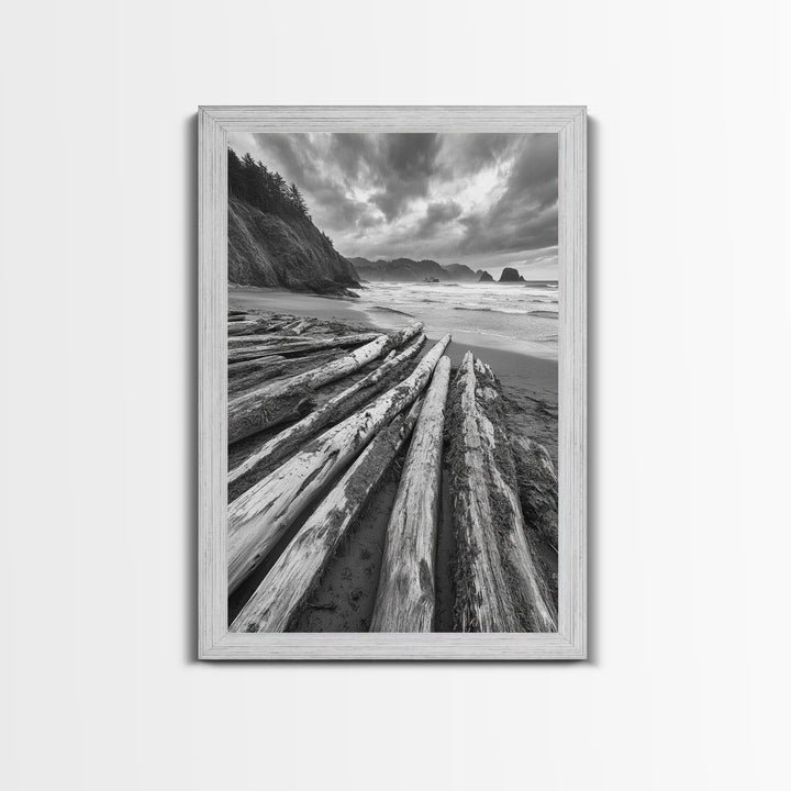 Driftwood Beach, Coastal Logs, Wild Shore, Canvas Print, Rustic Ocean Wall Art, Cabin Bathroom Decor, Nature Inspired Photography