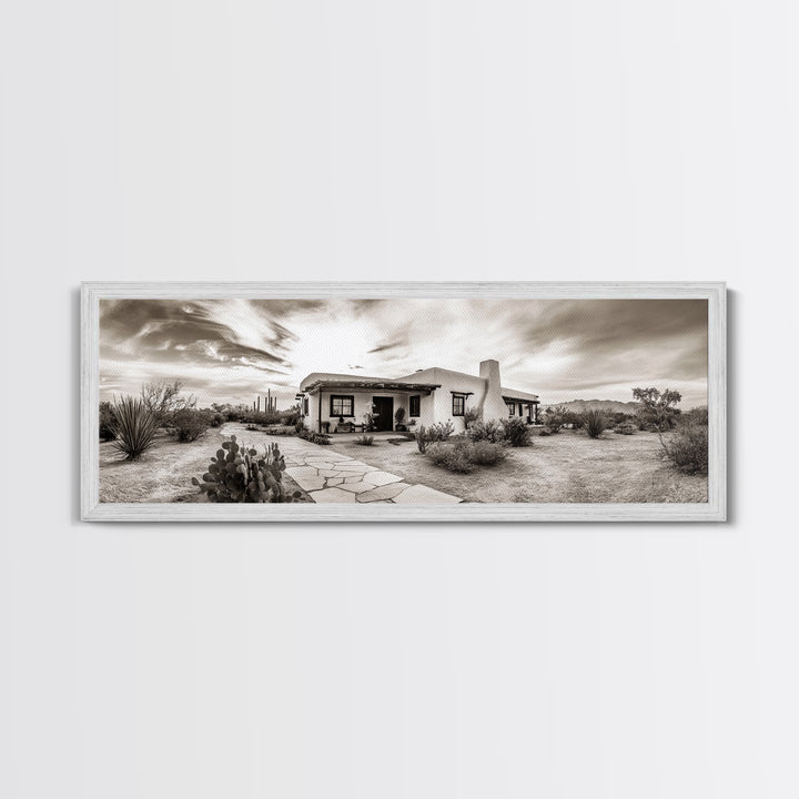 Desert Home, Adobe House, Rustic Pathway, Cactus Garden, Framed Canvas Print, Southwestern Decor, Living Room Wall Art, Western Aesthetic