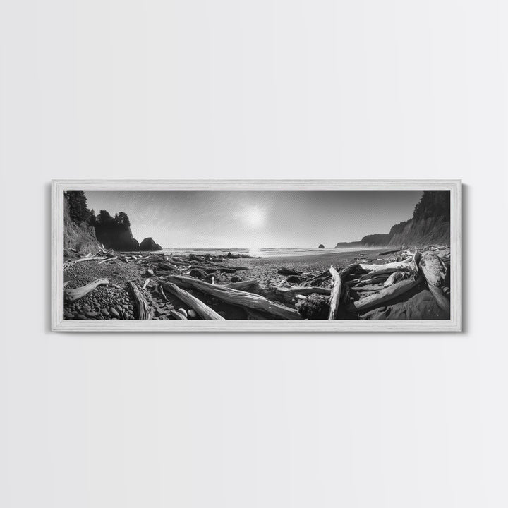 Coastal Driftwood Scene, Rugged Ocean Beach, Moody Nature Landscape, Framed Canvas Print, Rustic Wall Decor, Fall Coastal Photography