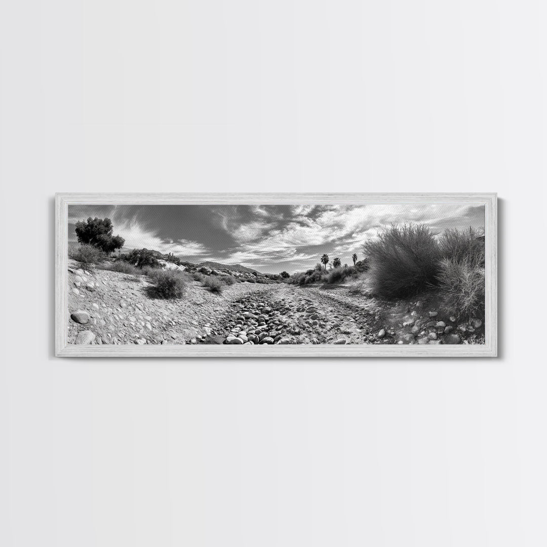 Desert Streambed Path, Dry River Landscape, Southwest Nature Print, Framed Canvas Print, Earthy Living Room Art, Modern Western Decor