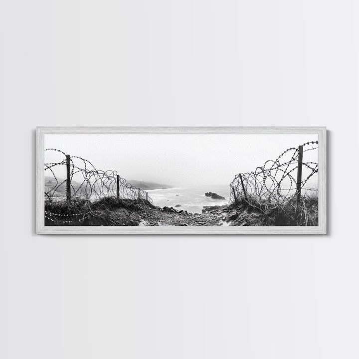 Barbed Coast, Foggy Beach, War Fence, Ocean Boundary, Framed Canvas Print, Industrial Wall Art, Living Room Decor, Black and White Art