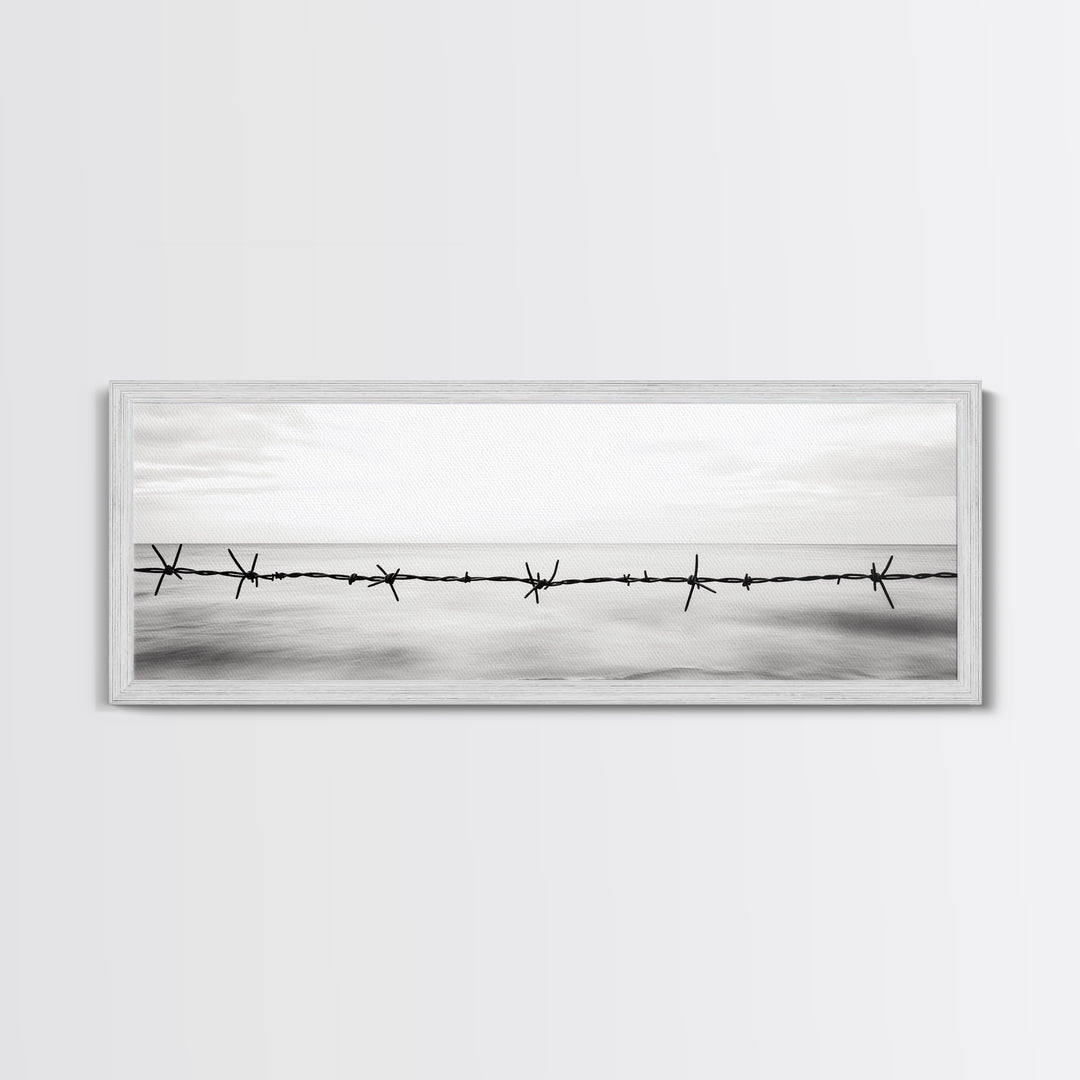 Barbed Wire, Ocean Horizon, Minimal Seascape, Stark Contrast, Framed Canvas Print, Modern Office Art, Minimalist Style, Black and White Art