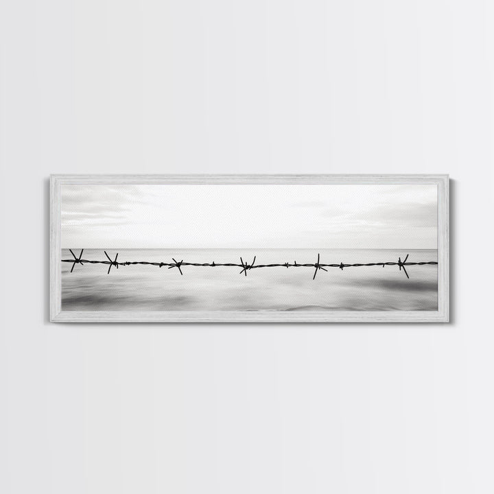 Barbed Wire, Ocean Horizon, Minimal Seascape, Stark Contrast, Framed Canvas Print, Modern Office Art, Minimalist Style, Black and White Art