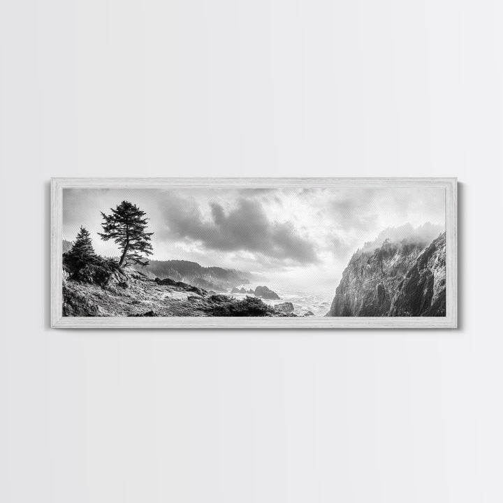 Ocean Cliff, Pine Trees, Foggy Coast, Canvas Print, Dramatic Nature Wall Art, Rustic Cabin Decor, Black and White Landscape