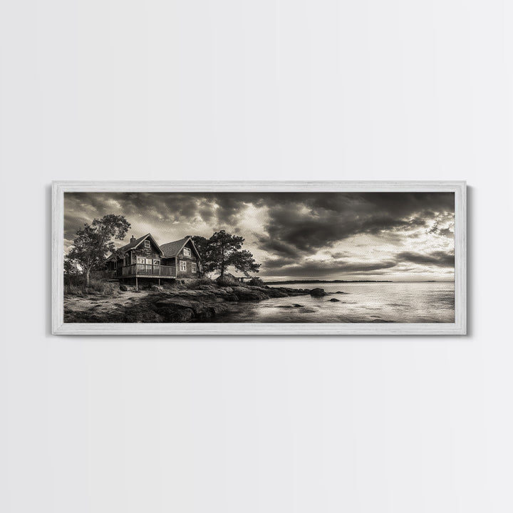 Lakeside Cabin, Stormy Sky, Rustic Escape, Framed Canvas Print, Cabin Wall Art, Lake House Decor, Autumn Living Room Art, Cozy Lodge Style
