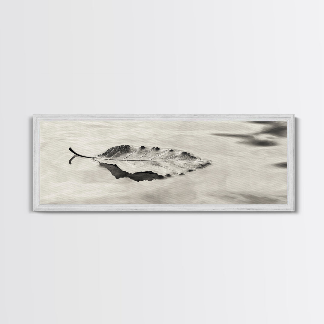 Autumn Leaf, Water Reflection, Nature Minimalism, Floating Stillness, Framed Canvas Print, Fall Wall Art, Neutral Tones, Bathroom Decor