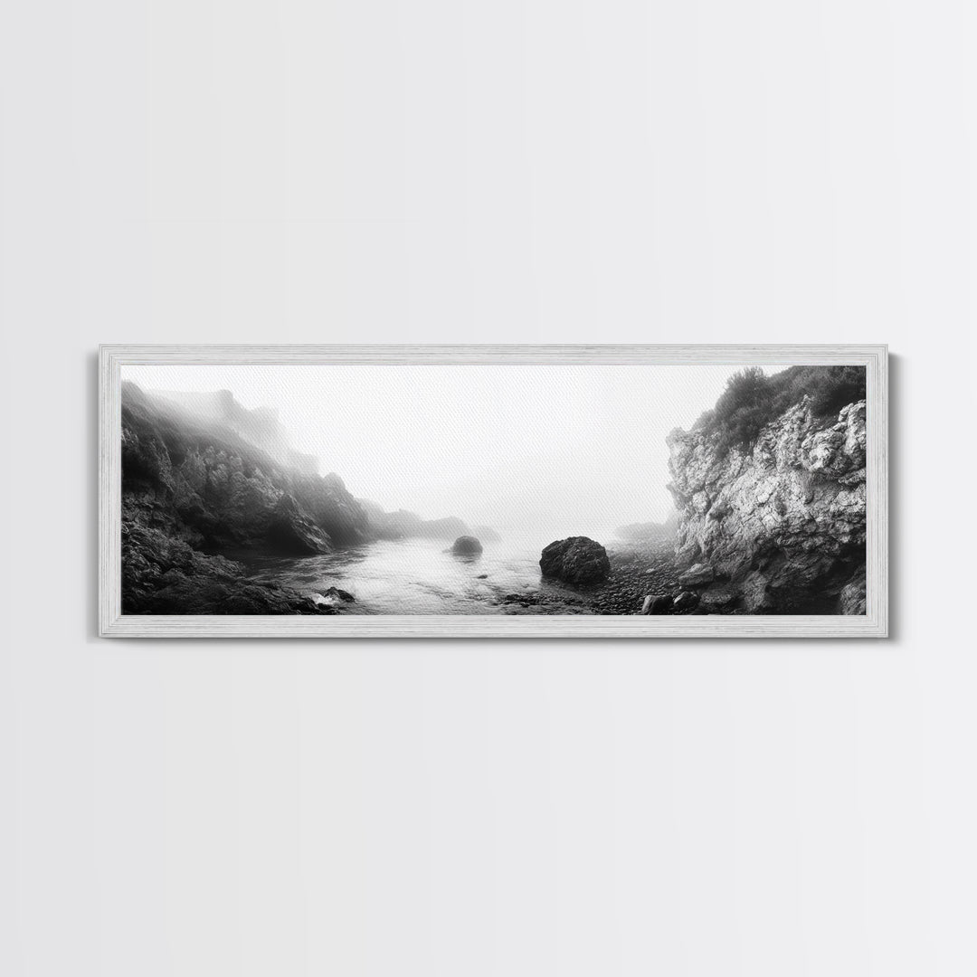 Rocky Cove, Coastal Mist, Foggy Morning, Cliffside Ocean, Canvas Print, Monochrome Wall Art, Bathroom Art, Minimalist Photography