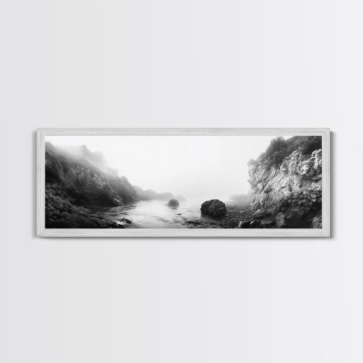 Rocky Cove, Coastal Mist, Foggy Morning, Cliffside Ocean, Canvas Print, Monochrome Wall Art, Bathroom Art, Minimalist Photography