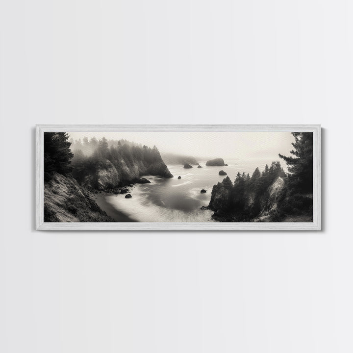 Ocean Rocks, Foggy Horizon, Coastal Cliffs, Dreamy Seascape, Canvas Print, Moody Nature Art, Living Room Wall Art, Coastal Minimalism
