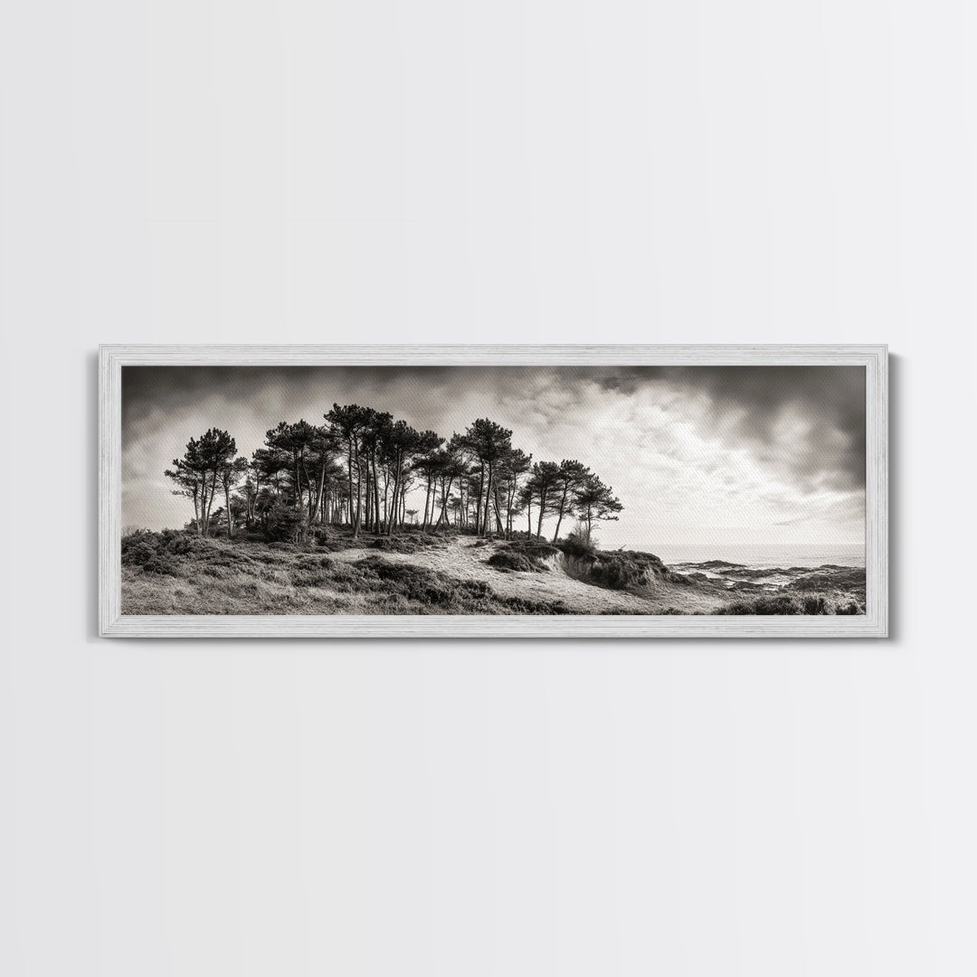 Coastal Pines, Ocean View, Windswept Trees, Framed Canvas Print, Minimalist Landscape Art, Neutral Tones, Entryway Wall Decor