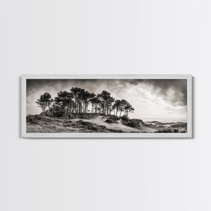 Coastal Pines, Ocean View, Windswept Trees, Framed Canvas Print, Minimalist Landscape Art, Neutral Tones, Entryway Wall Decor