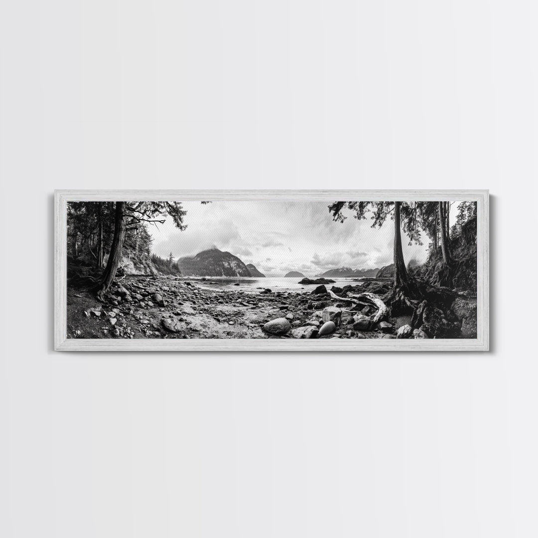 Rocky Shore, Ocean Vista, Misty Wilderness, Framed Canvas Print, Nature Wall Art, Monochrome Landscape, Cabin or Office Decor