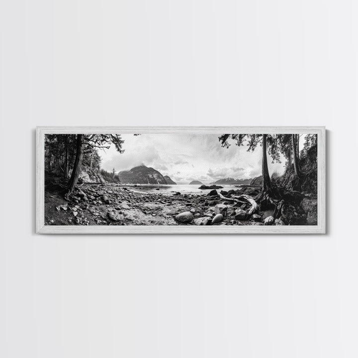 Rocky Shore, Ocean Vista, Misty Wilderness, Framed Canvas Print, Nature Wall Art, Monochrome Landscape, Cabin or Office Decor