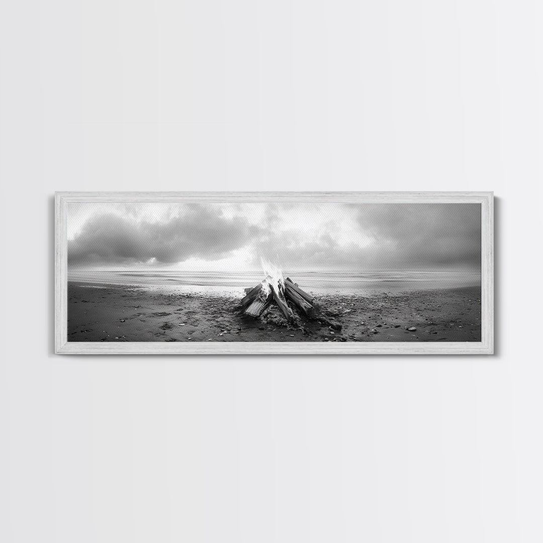 Beach Bonfire, Coastal Glow, Driftwood Fire, Ocean Calm, Framed Canvas Print, Fall Wall Art, Living Room Decor, Nature Photography Style