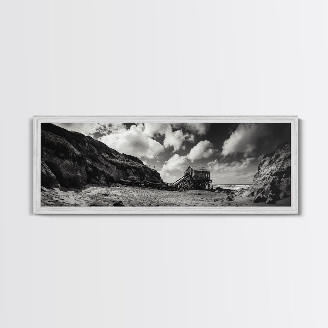 Cliff House, Ocean Cabin, Windy Coast, Framed Canvas Print, Moody Landscape Art, Rustic Wall Decor, Autumn Entryway Art