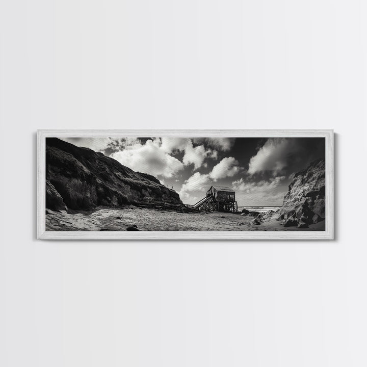 Cliff House, Ocean Cabin, Windy Coast, Framed Canvas Print, Moody Landscape Art, Rustic Wall Decor, Autumn Entryway Art