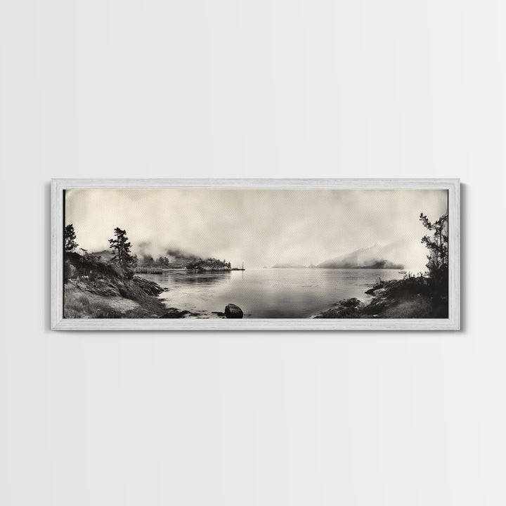 Foggy Coast, Misty Trees, Silent Bay, Canvas Print, Moody Landscape Photography, Bedroom Wall Art, Nature Inspired Decor