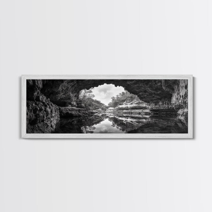 Cave Opening, Reflected Water, Nature Frame, Canvas Print, Monochrome Landscape, Natural Wall Art, Earthy Bathroom Art, Den Decor
