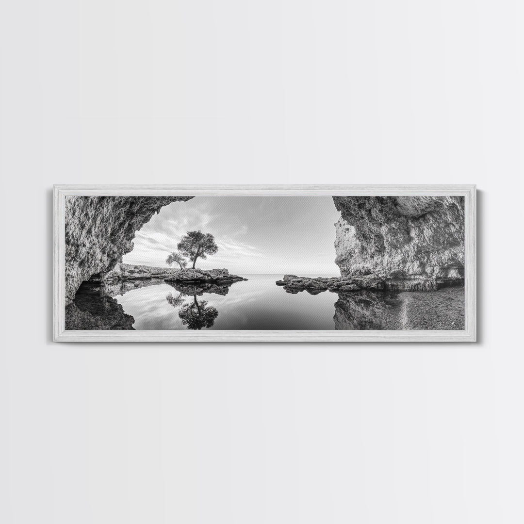 Coastal Cave, Reflection Landscape, Nature Calm, Framed Canvas Print, minimalist ocean wall decor, tranquil tree photography, zen entryway art