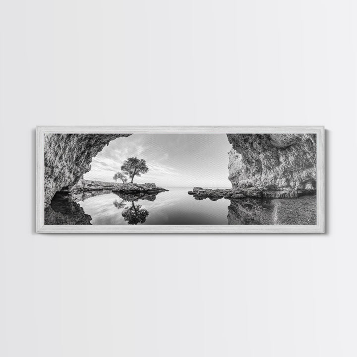 Coastal Cave, Reflection Landscape, Nature Calm, Framed Canvas Print, minimalist ocean wall decor, tranquil tree photography, zen entryway art