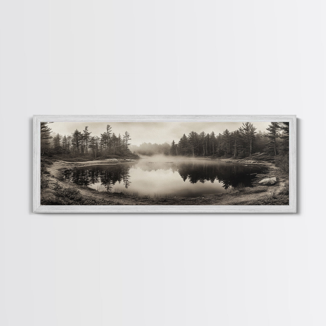 Misty Forest, Autumn Lake, Fog Reflections, Framed Canvas Print, cozy cabin decor, woodland living room art, rustic Fall photography