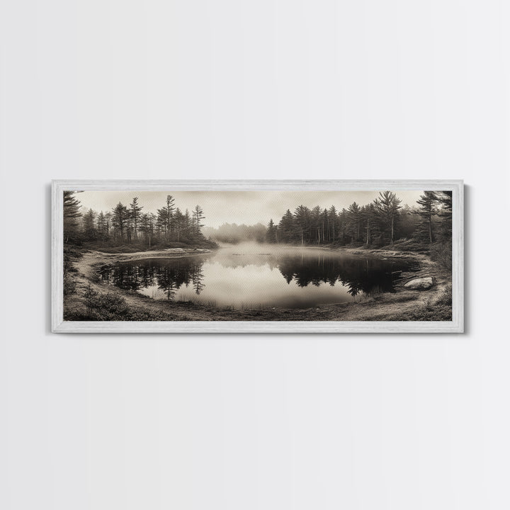 Misty Forest, Autumn Lake, Fog Reflections, Framed Canvas Print, cozy cabin decor, woodland living room art, rustic Fall photography
