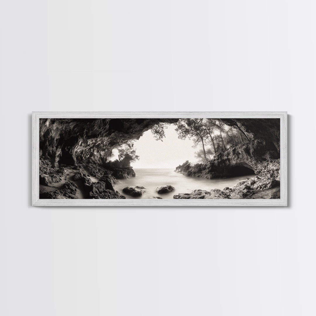 Ocean Cave, Coastal Trees, Natural Light, Canvas Print, tranquil coastal wall art, bedroom boho decor, dreamy nature scene artwork