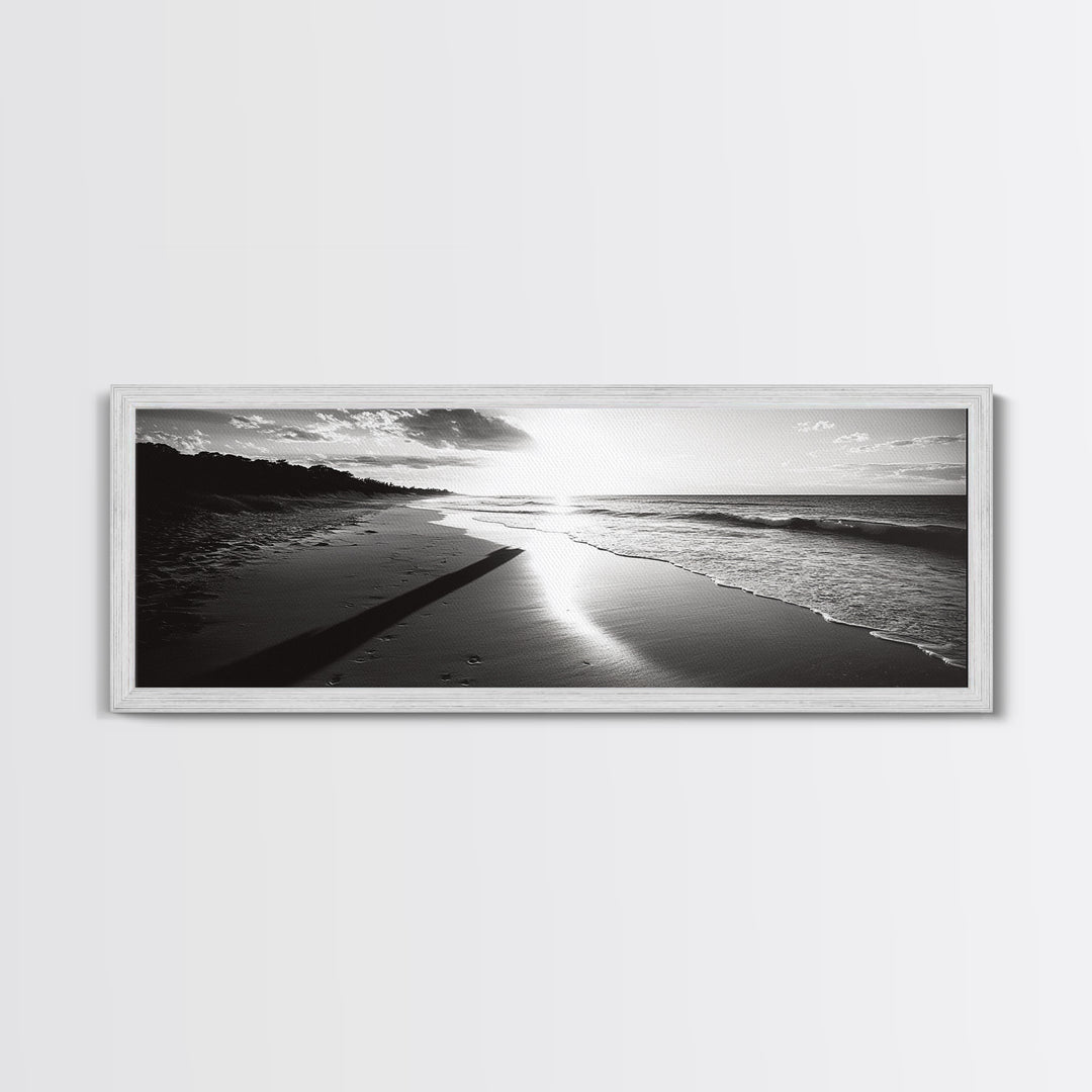Beach Horizon, Sunset Shoreline, Ocean Reflections, Framed Canvas Print, black and white coastal art, modern bedroom wall decor