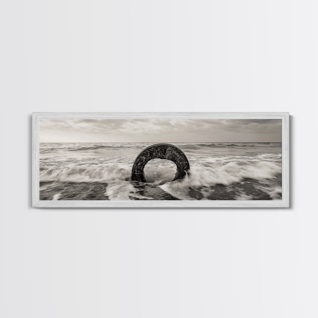 Ocean Ring, Waves Crashing, Sea Sculpture, Framed Canvas Print, unique beach photography, industrial coastal wall art, modern bathroom decor