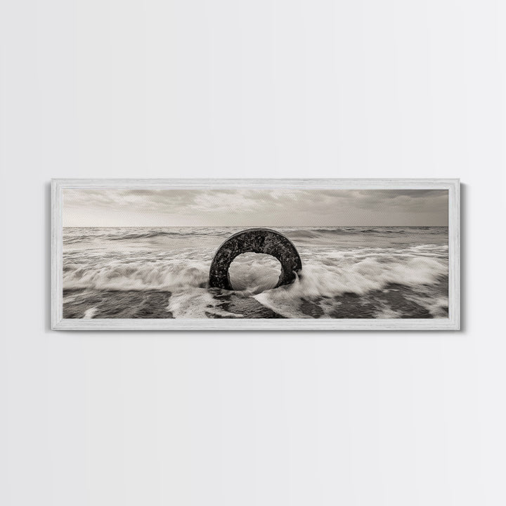 Ocean Ring, Waves Crashing, Sea Sculpture, Framed Canvas Print, unique beach photography, industrial coastal wall art, modern bathroom decor
