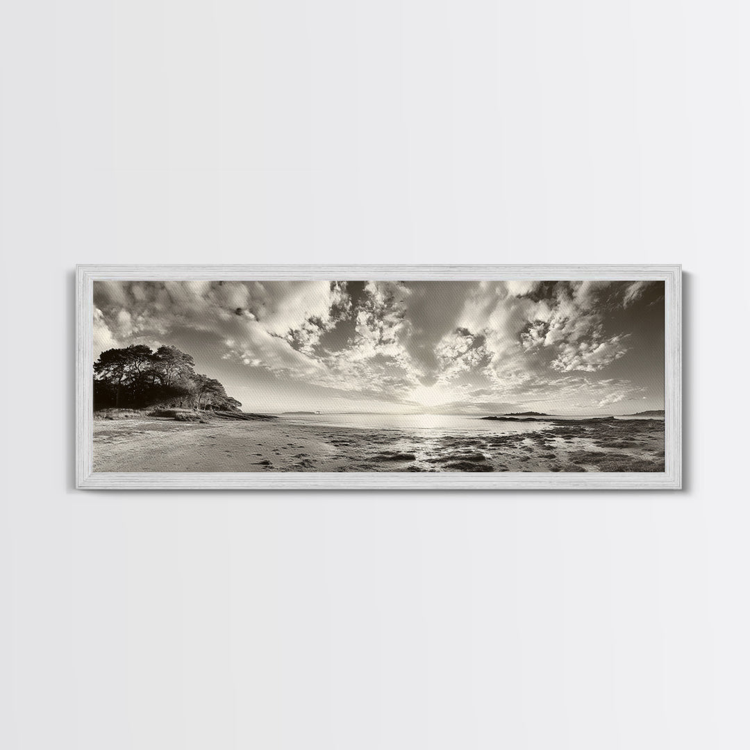 Coastal Sunrise, Expansive Sky, Cloudy Horizon, Framed Canvas Print, Earthy tone art, Beach house decor, Bedroom wall print, Serene landscape