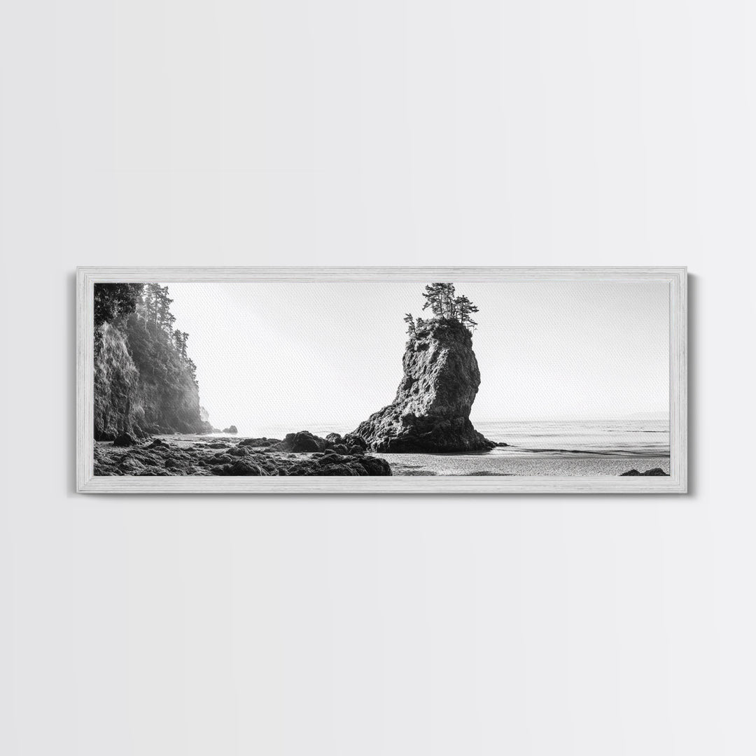 Sea Stack, Rugged Coast, Ocean Cliffside, Framed Canvas Print, Coastal landscape, Nature photography, Office wall art, Monochrome design