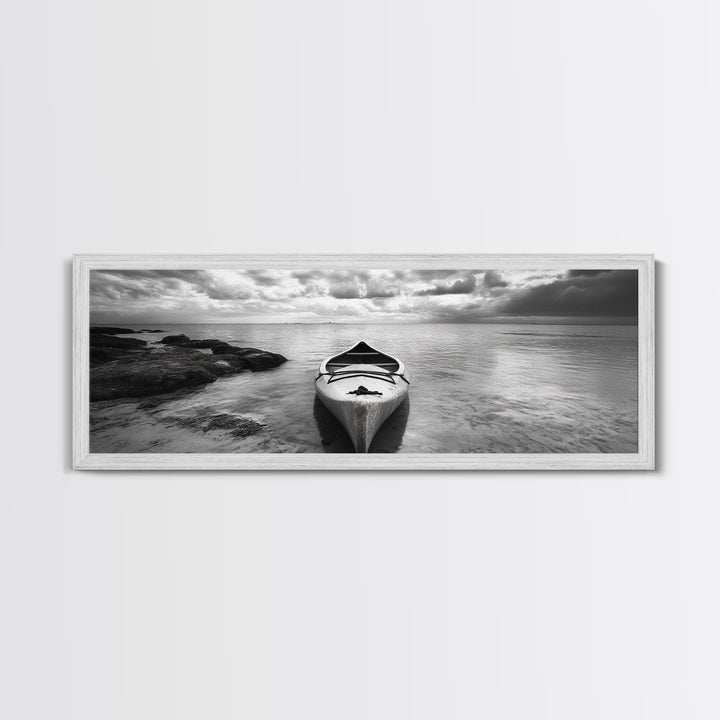 Canoe at Shore, Calm Waters, Peaceful Escape, Framed Canvas Print, Adventure art, Lakehouse decor, Hallway wall piece, Monochrome nature