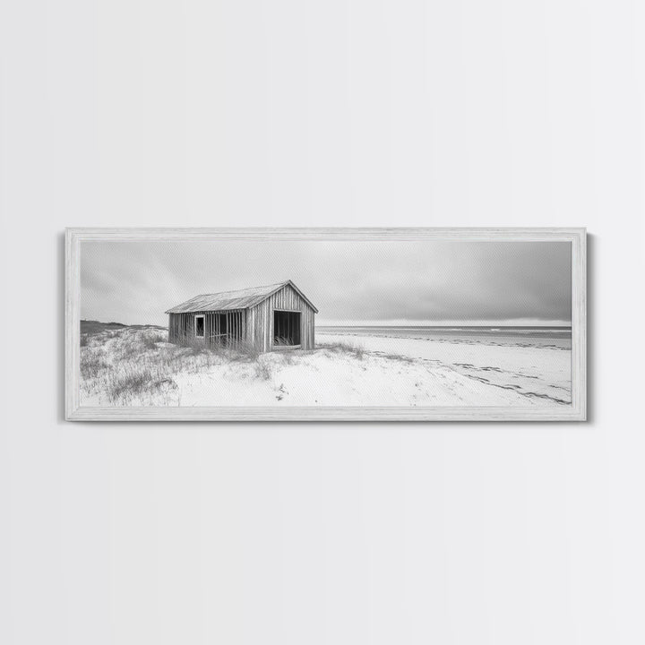 Abandoned Shack, Coastal Ruin, Weathered Barn, Ocean Horizon, Framed Canvas Print, Rustic Wall Art, Fall Decor, Minimal Seaside Aesthetic