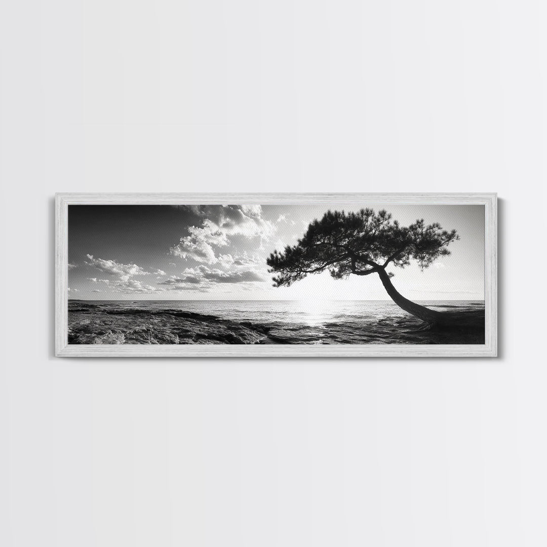 Lone Tree, Coastal Sunset, Ocean Horizon, Framed Canvas Print, Tranquil Landscape Art, Meditation Room Wall Art, Nature Zen Decor