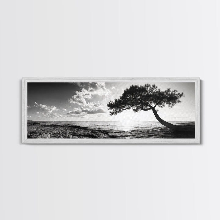 Lone Tree, Coastal Sunset, Ocean Horizon, Framed Canvas Print, Tranquil Landscape Art, Meditation Room Wall Art, Nature Zen Decor
