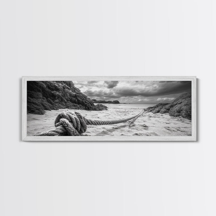 Nautical Rope Shore, Moody Ocean Rocks, Coastal Minimalist, Framed Canvas Print, Entryway Wall Art, Rustic Nautical Decor, Lakehouse Wall Art