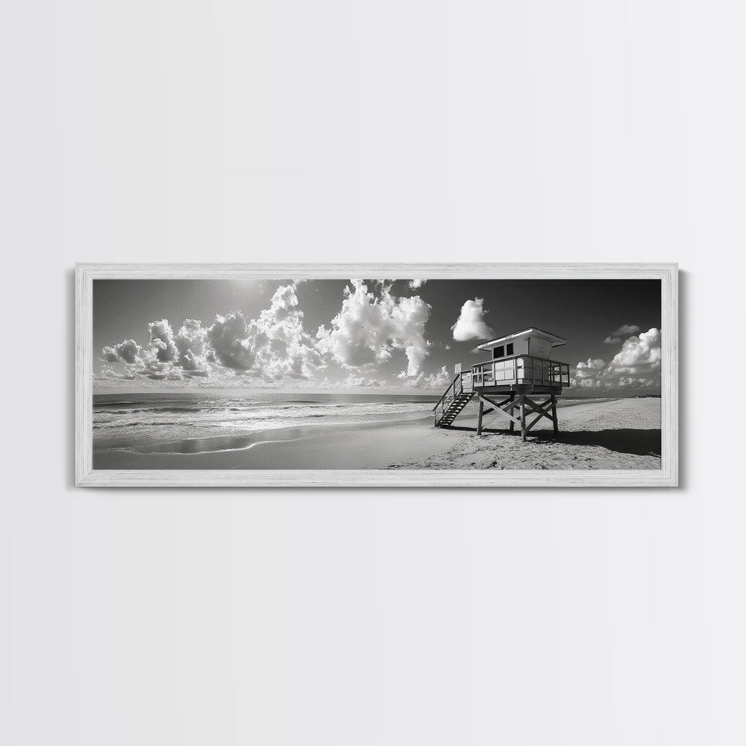 Lifeguard Tower Sky, Beach Scene Clouds, Surfside Minimalism, Framed Canvas Print, Bathroom Wall Art, Modern Coastal Decor
