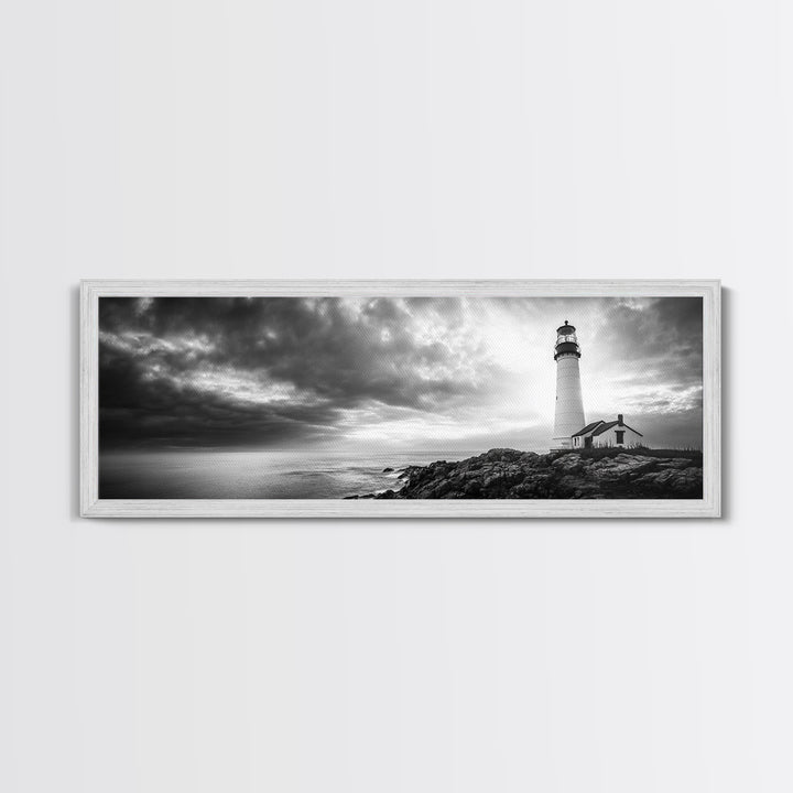 Dramatic Lighthouse Coast, Ocean Storm Horizon, Coastal Adventure, Framed Canvas Print, Living Room Wall Art, Nautical Fall Decor