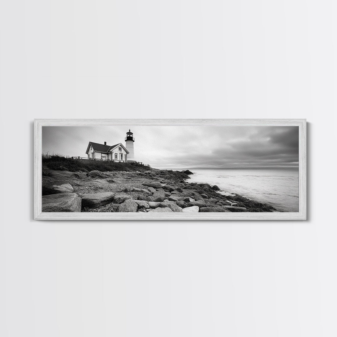 Classic Lighthouse Shore, Rocky Coastline Fog, Seaside Charm, Framed Canvas Print, Office Wall Art, New England Coastal Decor