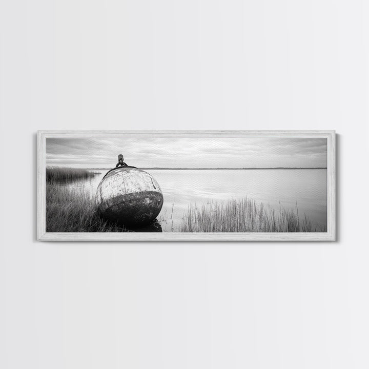 Coastal Buoy, Still Waters, Nautical Calm, Framed Canvas Print, Lakeside Bathroom Art, Maritime Style, Rustic Ocean Decor
