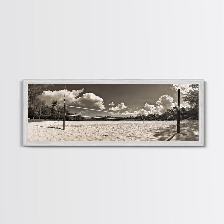 Beach Volleyball, Sand Court, Summer Fun, Tropical Clouds, Framed Canvas Print, Sports Room Wall Art, Coastal Decor, Sepia Beach Art