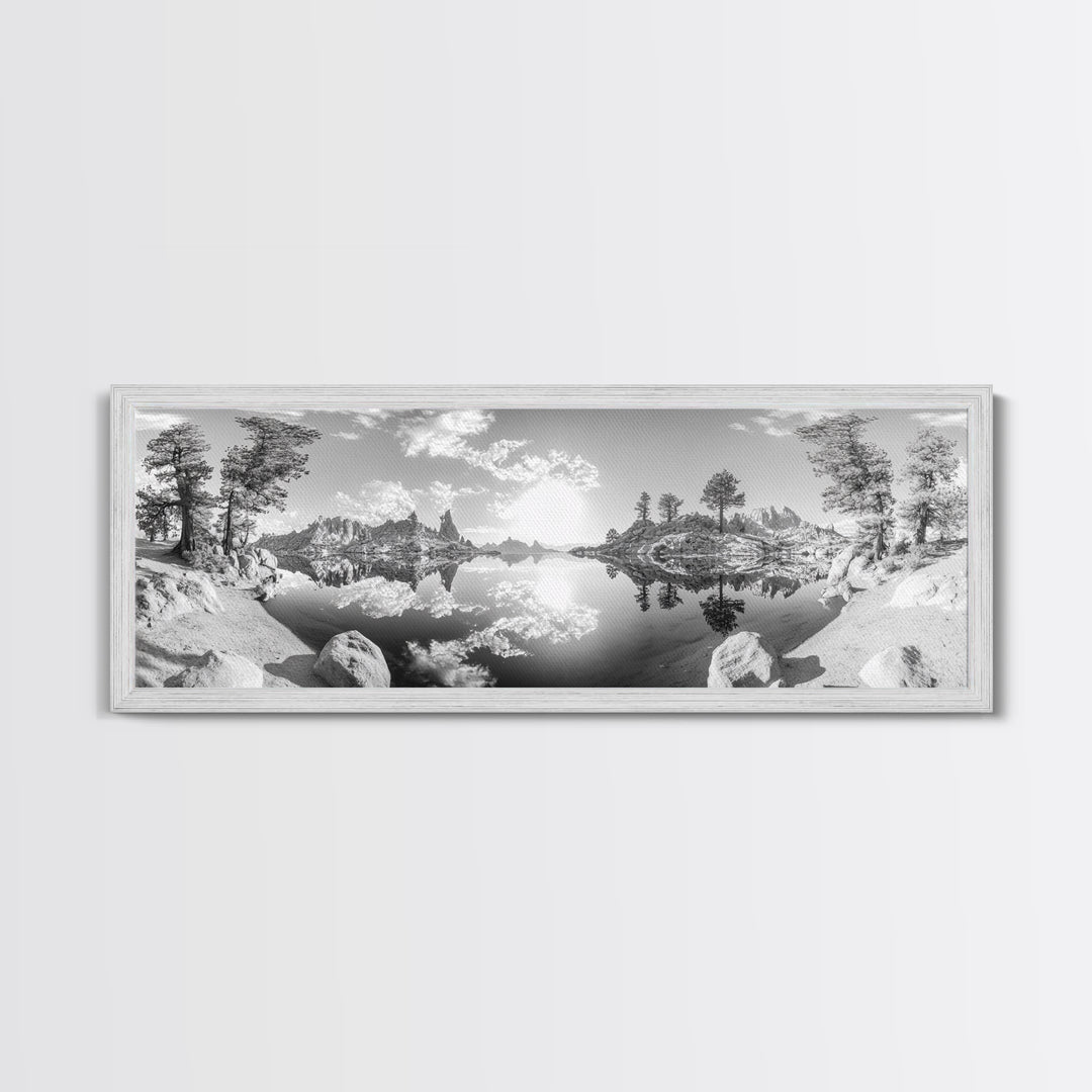 Mountain Reflections, Nature Panorama, Black and White Landscape, Framed Canvas Print, Living Room Wall Art, Modern Wilderness Decor