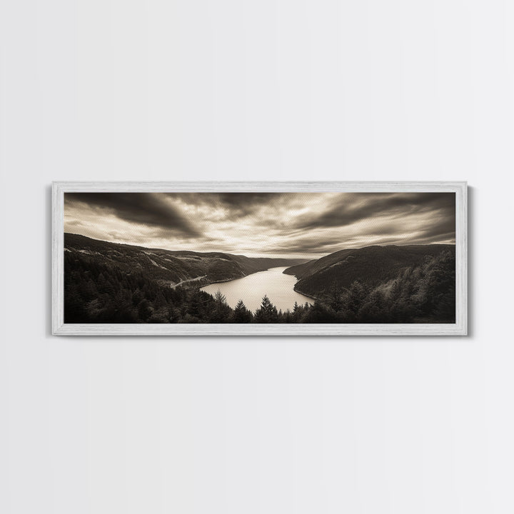 River Valley View, Dramatic Sky, Forest Landscape, Framed Canvas Print, Nature Photography, Entryway Wall Art, Moody Earth Tones