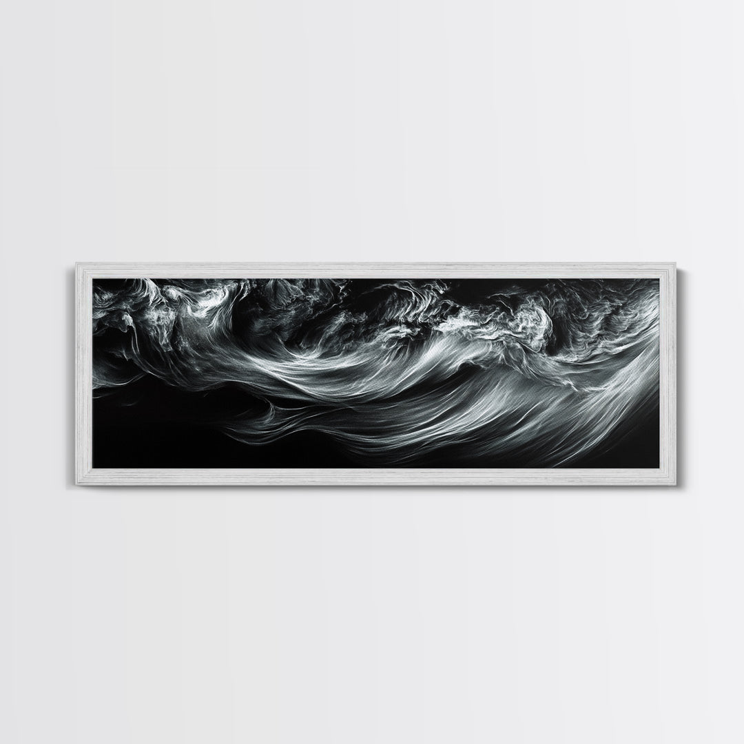 Abstract Ocean Waves, Motion Energy Art, Black and White Fluid Lines, Framed Canvas Print, Modern Wall Art, Minimalist Living Room