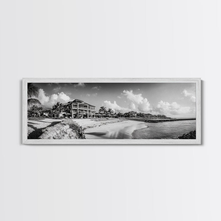 Beach Resort, Tropical Luxury, Oceanfront Hotel Art, Framed Canvas Print, Vacation Vibes, Bedroom Wall Art, Monochrome Decor