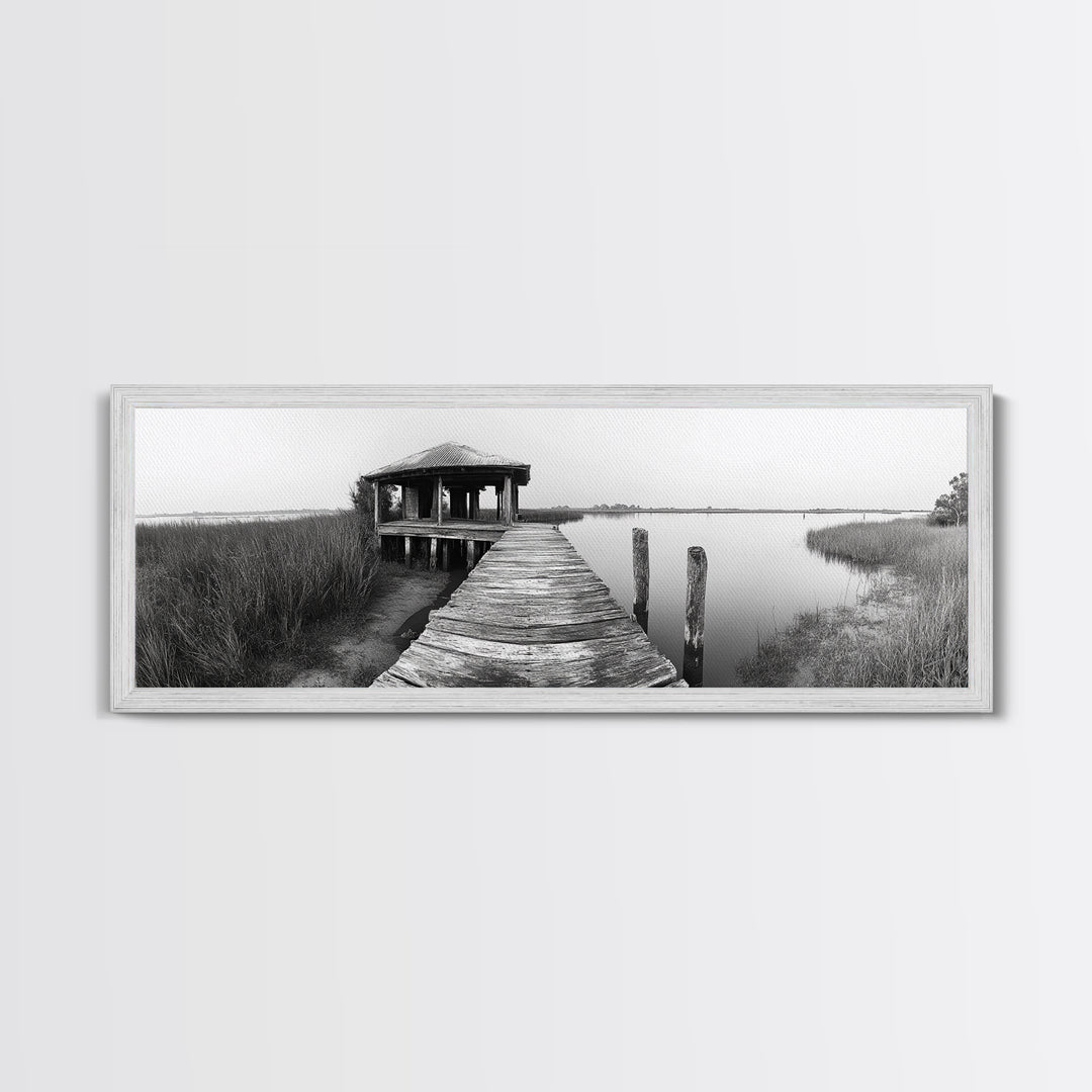 Abandoned Pier, Lakeside Shack, Black and White Marsh, Framed Canvas Print, Rustic Entryway Art, Minimalist Coastal Cabin Decor