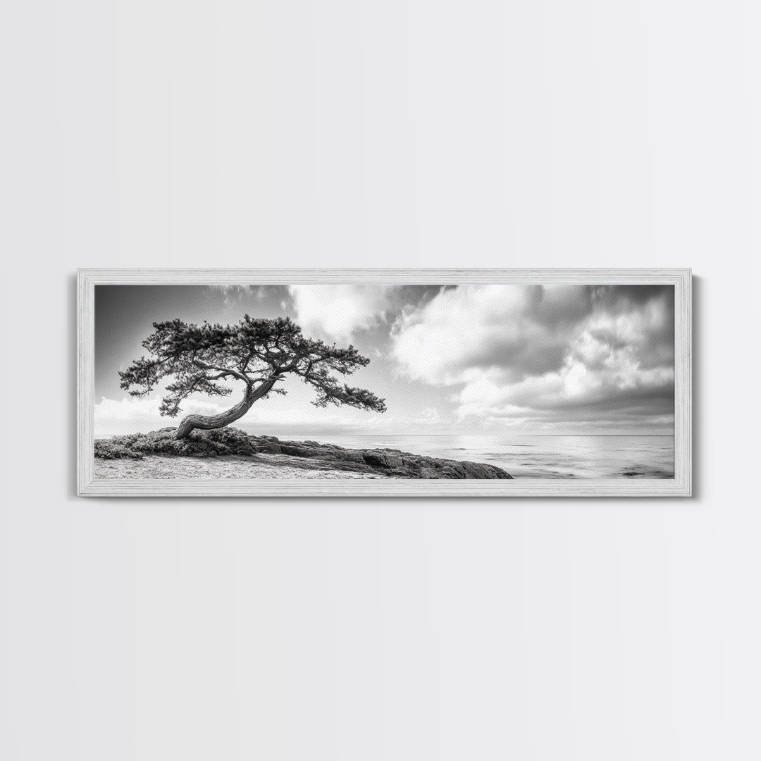 Windswept Tree, Coastal Nature, Ocean Cliff View, Framed Canvas Print, Zen Wall Art, Minimalist Decor, Calm Living Room Accent